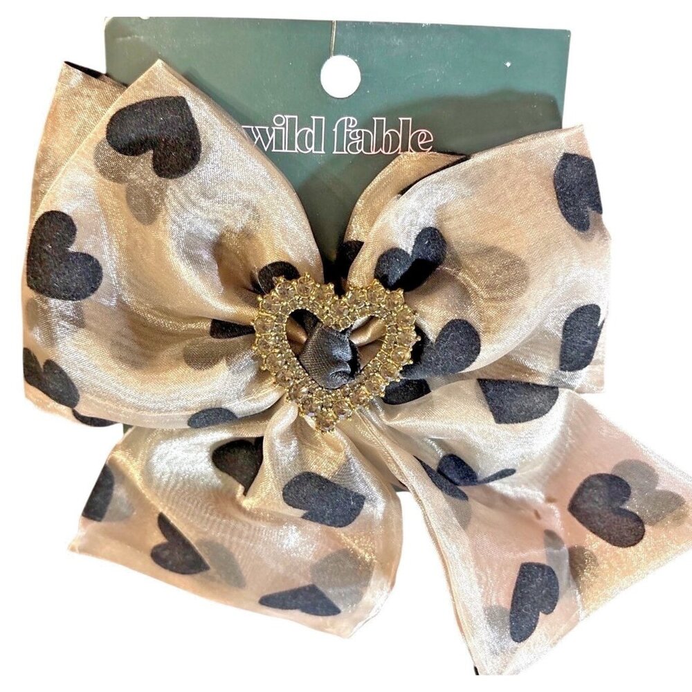 Wild Fable Gold & Black Heart Pattern Bow Hair Clip With Rhinestone Heart Center